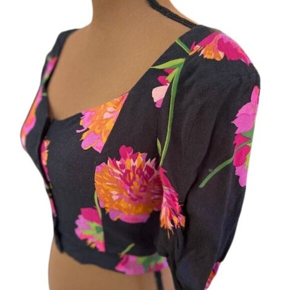 ZARA TRF Collection Button Front Cropped Blouse in Black with Pink Florals - Picture 3 of 6